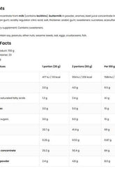 Nutritional information for OstroVit Delicious WHEY protein powder, detailing servings and key ingredients.